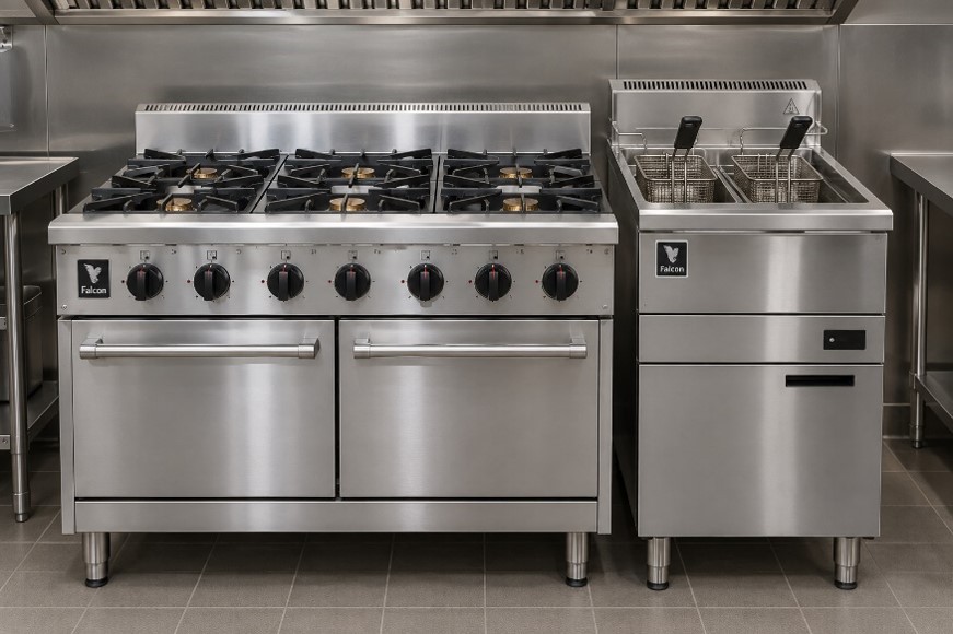 Fryer next to a 6-burner