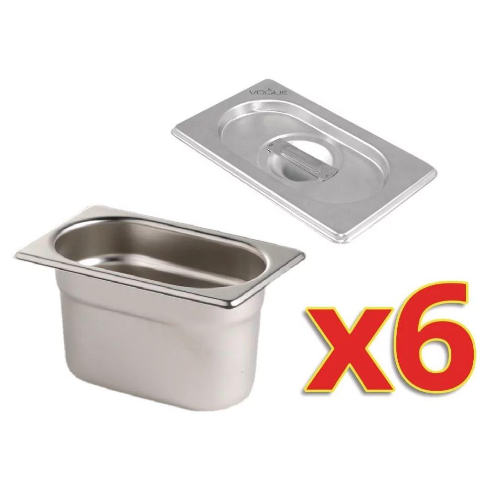 Vogue Stainless Steel Gastronorm Pan Set 6x1/6 With Lids Food Container 