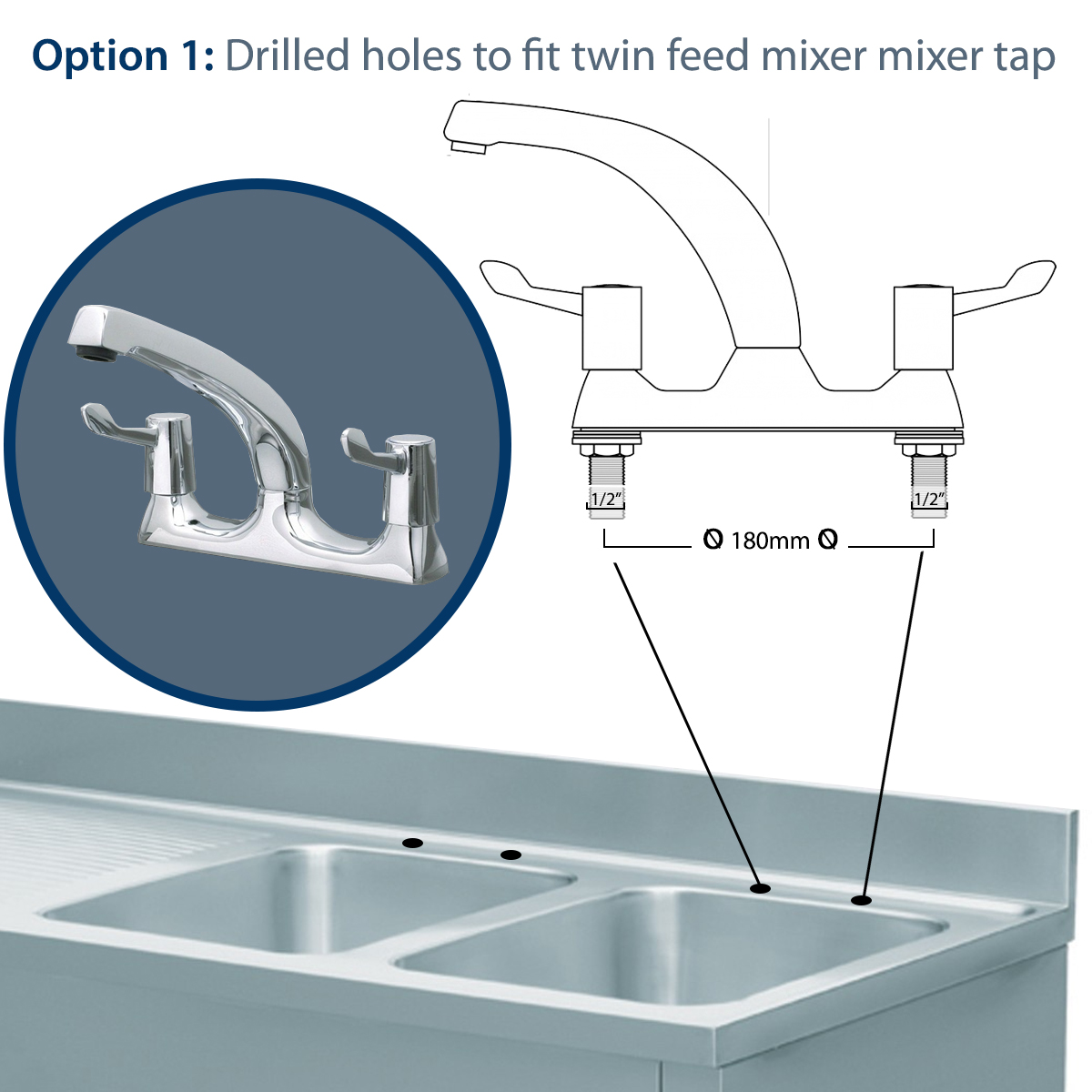 Pre Drilled Holes For Twin Feed Mixer Tap - Option 1 (180mm between holes)