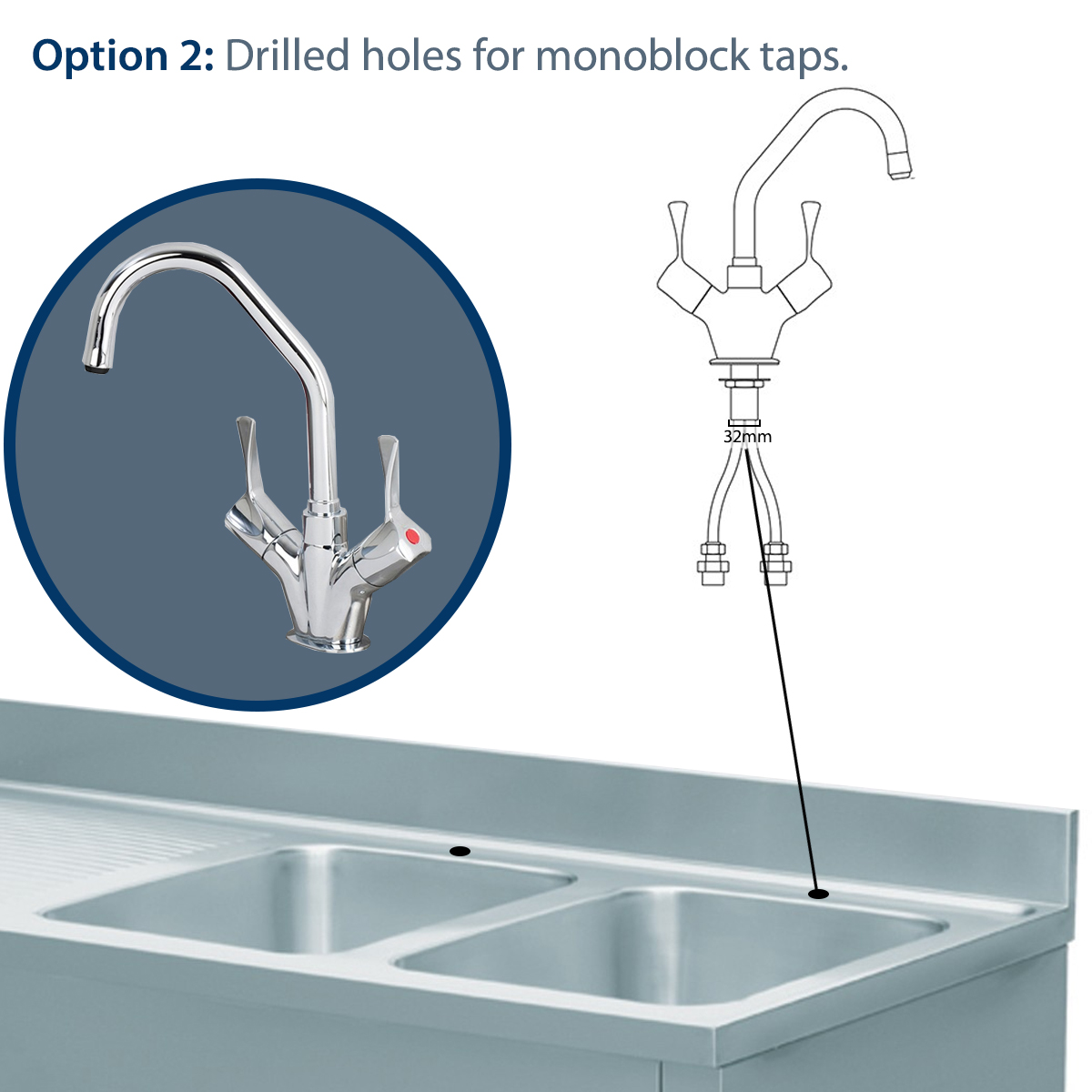 Pre-Drilled Holes For Monoblock Taps (32mm diameter hole) - Option 2