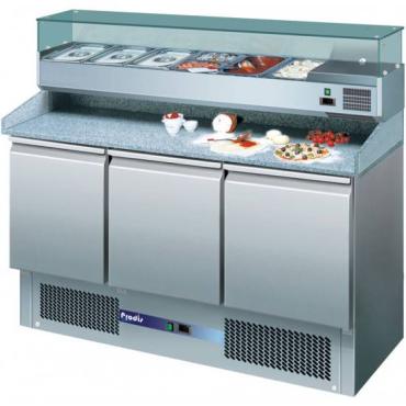 Prodis EC3PIZZALE Low Energy Ventilated 3 Door Granite Top Pizza Prep Table, 6 x 1/4GN Topping Unit